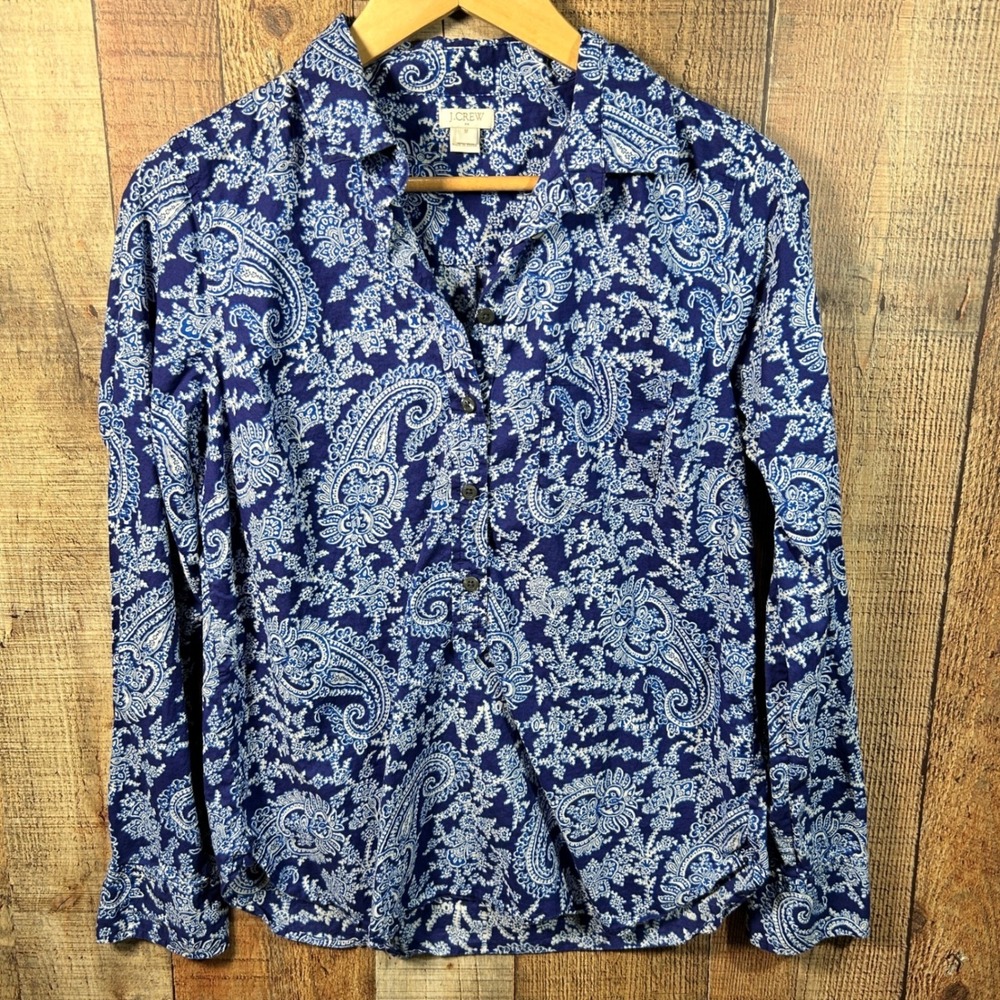 J.Crew Cobalt Blue Paisley 100% Cotton Popover Button Front Shirt Blouse Medium